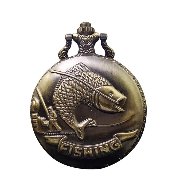 Vintage Bronze Fishing Quartz Pocket Watch/ Pendant