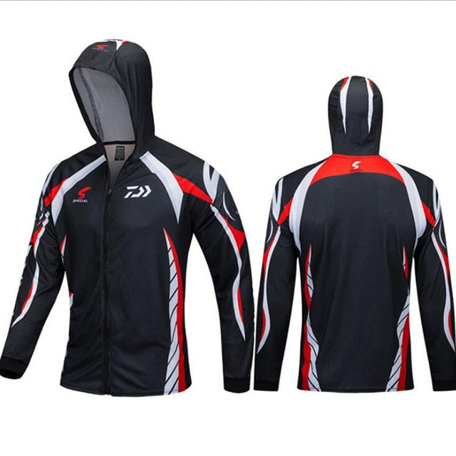 Image of black, red, and white long sleeve fishing tee shirt with hood