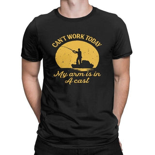 Image of black “I Can't Work Today, My Arm Is In A Cast” fishing tee shirt