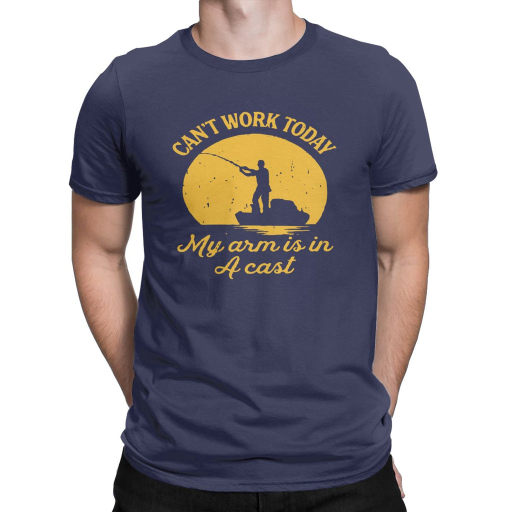 Image of blue “I Can't Work Today, My Arm Is In A Cast” fishing tee shirt