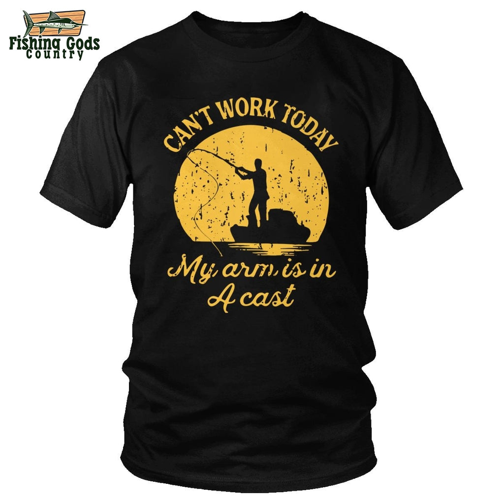 Image of “I Can't Work Today, My Arm Is In A Cast” Fishing Tee Shirt With Yellow Print