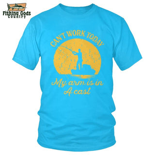 Image of “I Can't Work Today, My Arm Is In A Cast” Fishing Tee Shirt With Yellow Print