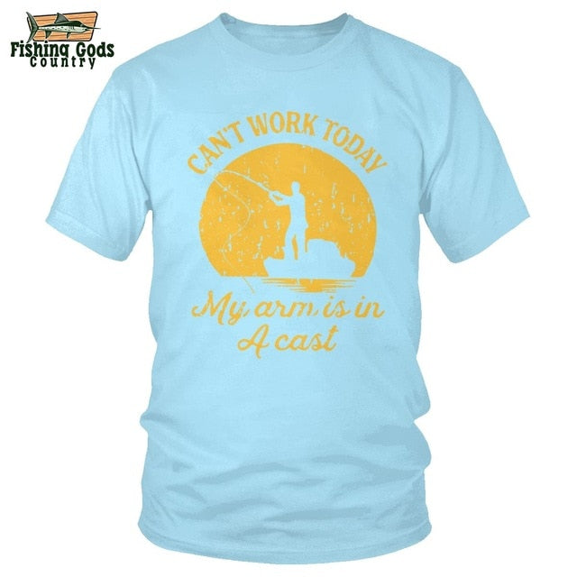 “I Can't Work Today, My Arm Is In A Cast” Fishing Tee Shirt With Yellow Print