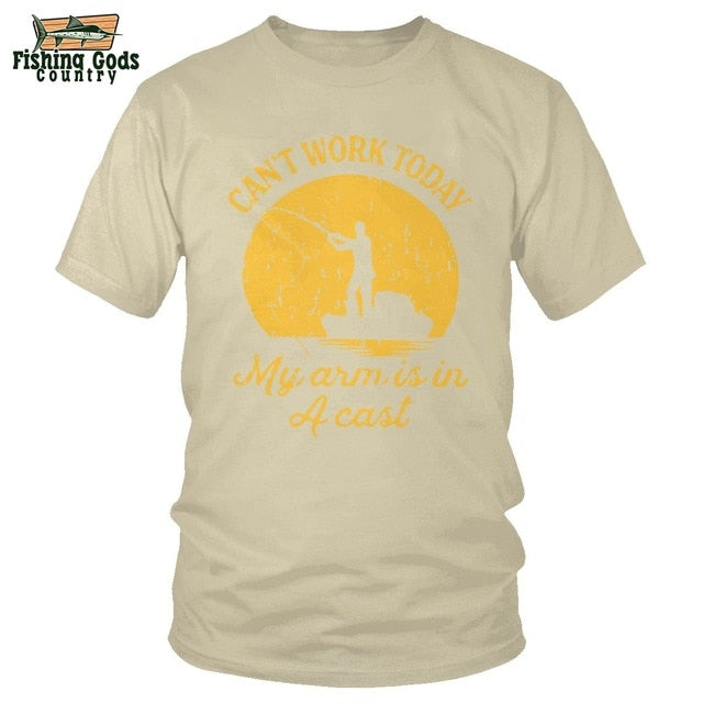 “I Can't Work Today, My Arm Is In A Cast” Fishing Tee Shirt With Yellow Print