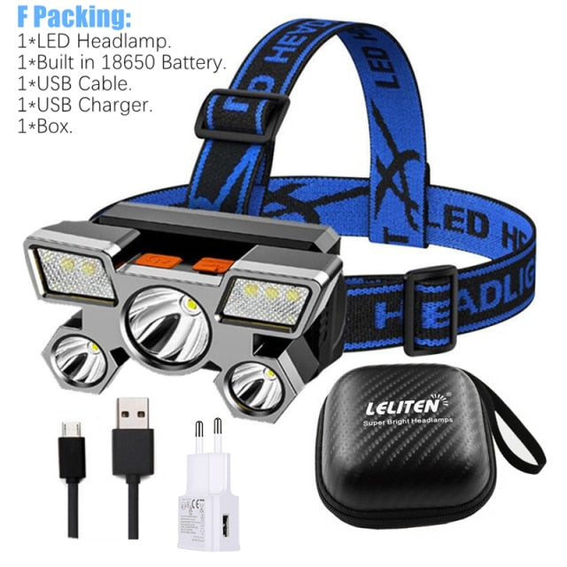 5LED With Built-in 18650 Battery USB Rechargeable Portable Flashlight Lantern Headlamp Outdoor Camping Headlight