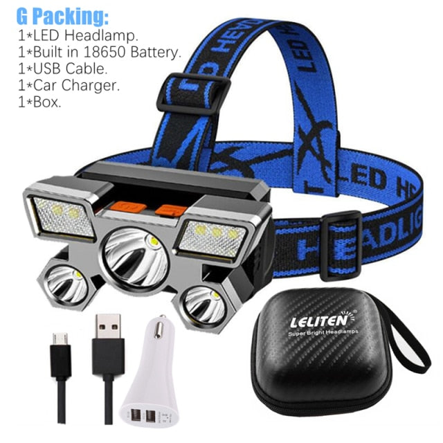 5LED With Built-in 18650 Battery USB Rechargeable Portable Flashlight Lantern Headlamp Outdoor Camping Headlight